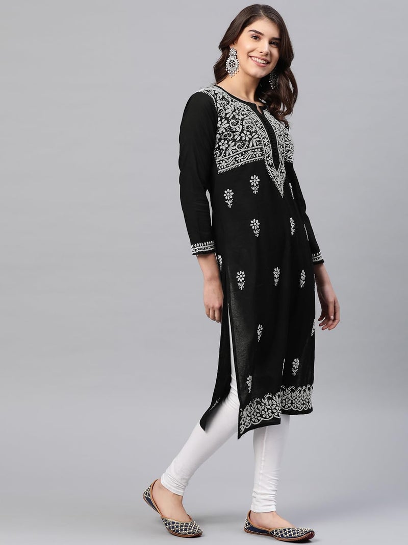 Ada Indian Hand Embroidered Women's Chikankari Cotton Kurta Kurti Tunic A341075 (Small, Black) - Image 4